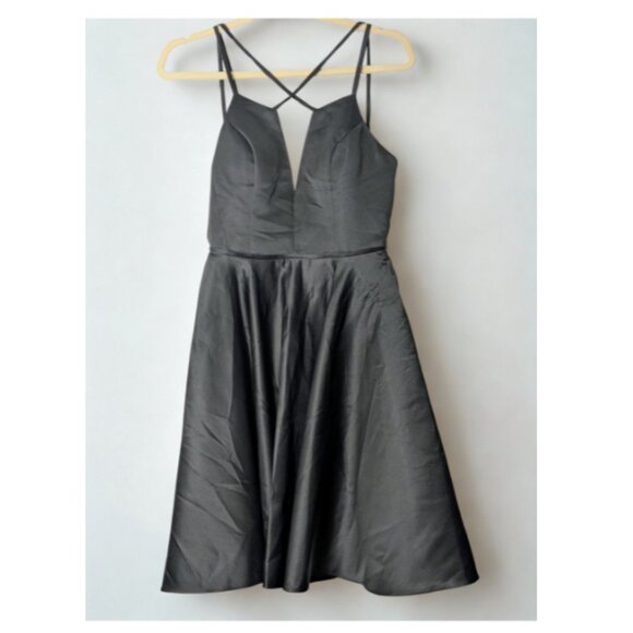 2 For $30 JJ's House Black Satin Spaghetti Criss Cross Flare plunging neckline - Picture 3 of 7